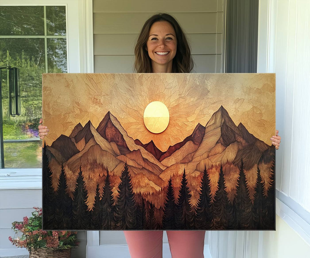 The dining area features a Wood Style Abstract Mountain Sunset canvas wall art print.