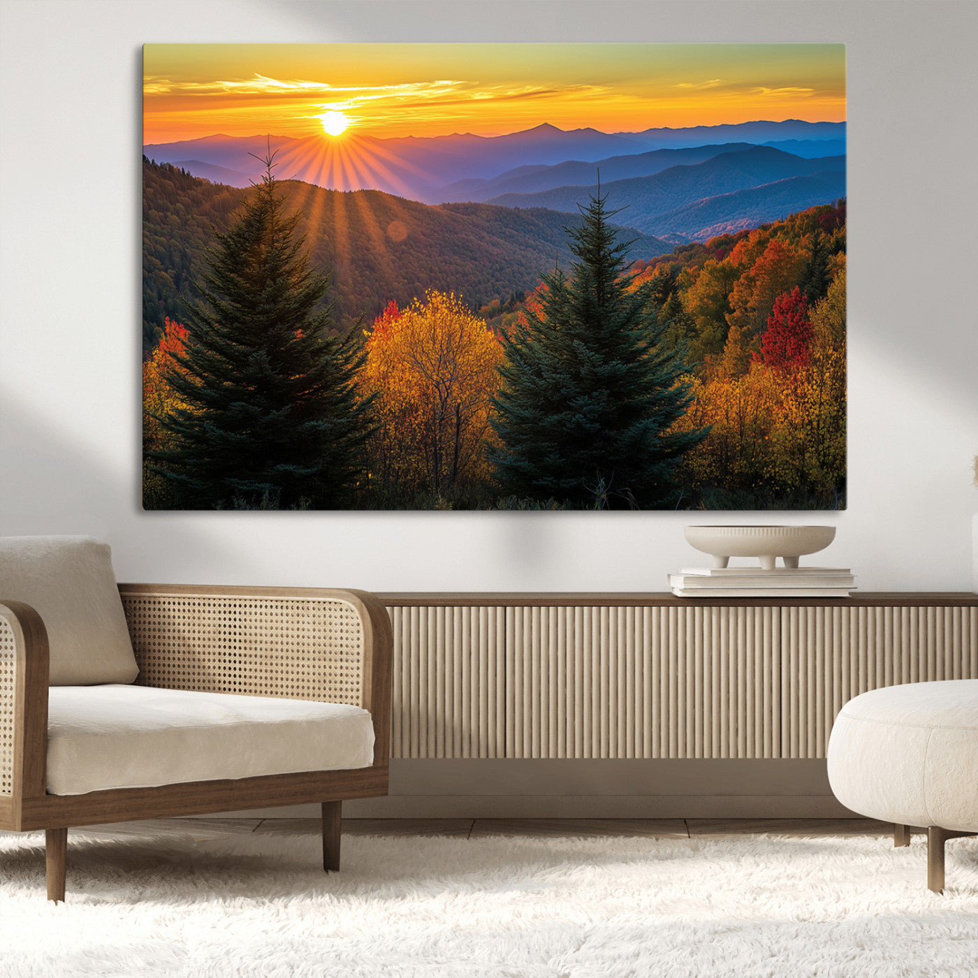 MGV-CV-36X24 - Golden Sunset Over Mountain Forest Canvas Wall Art Print - Warm Nature-Inspired Landscape for Living
