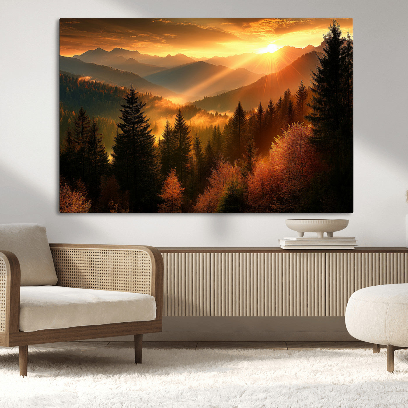 MGV-CV-36X24 - Golden Sunset Over Mountain Forest Canvas Wall Art Print - Warm Nature Landscape Print