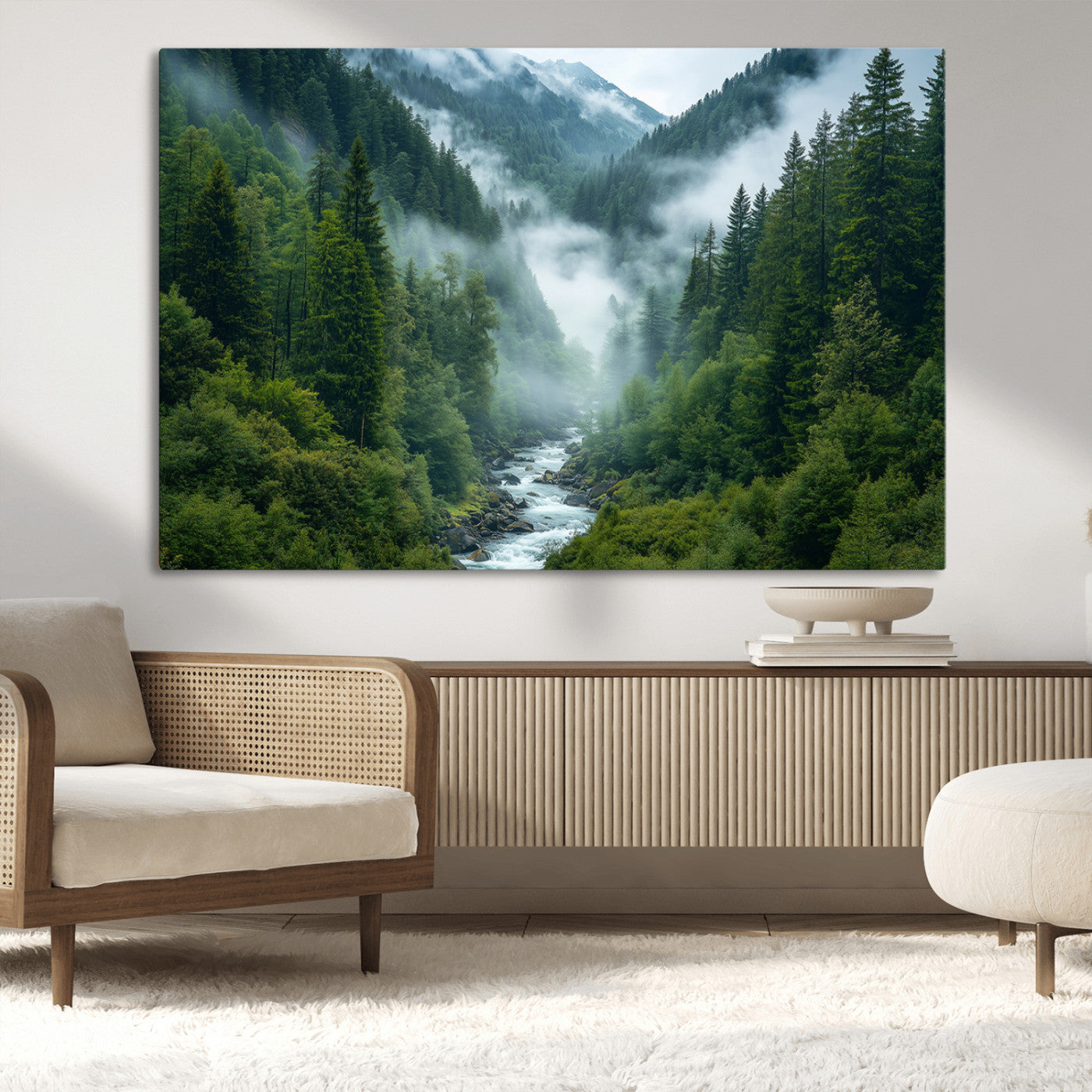 MGV-CV-36X24 - Mountain Forest River Canvas Wall Art Print - Serene Nature Landscape for Living Room, Office, or