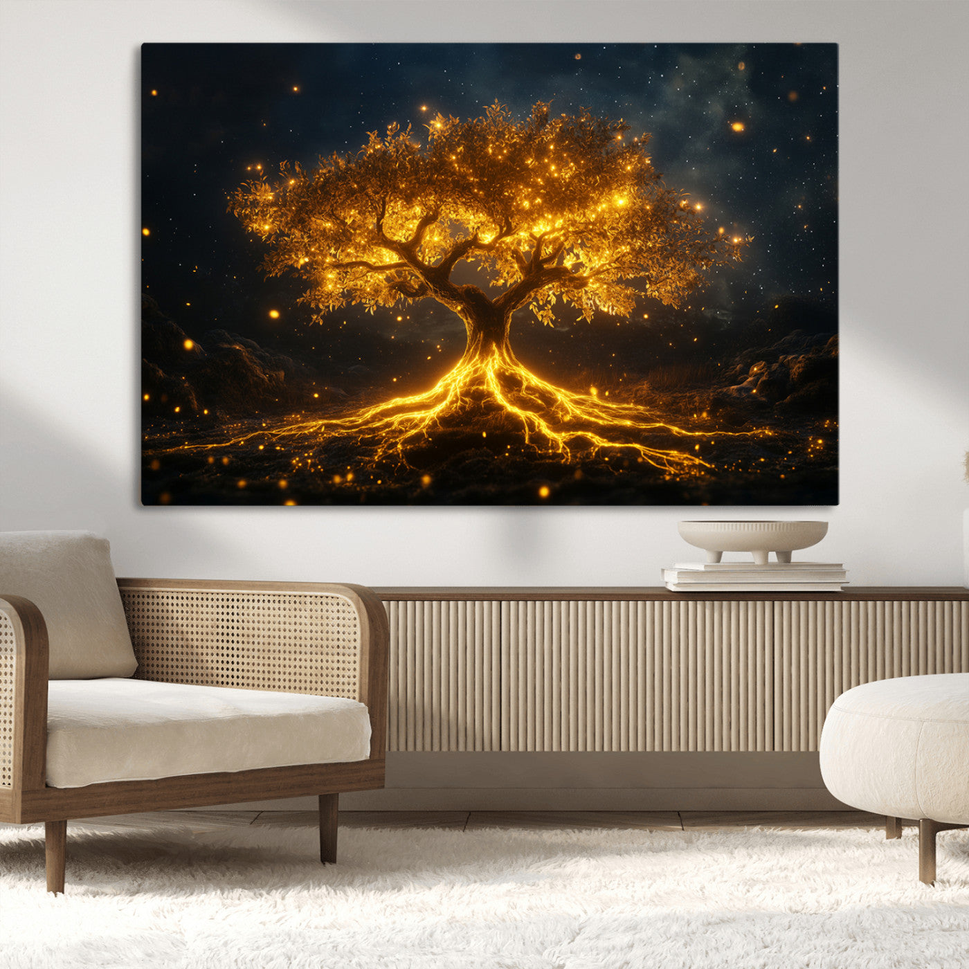 MGV-CV-36X24 - Golden Tree of Life Canvas Wall Art Print - Majestic Glowing Tree Design for Living Room, Office, or