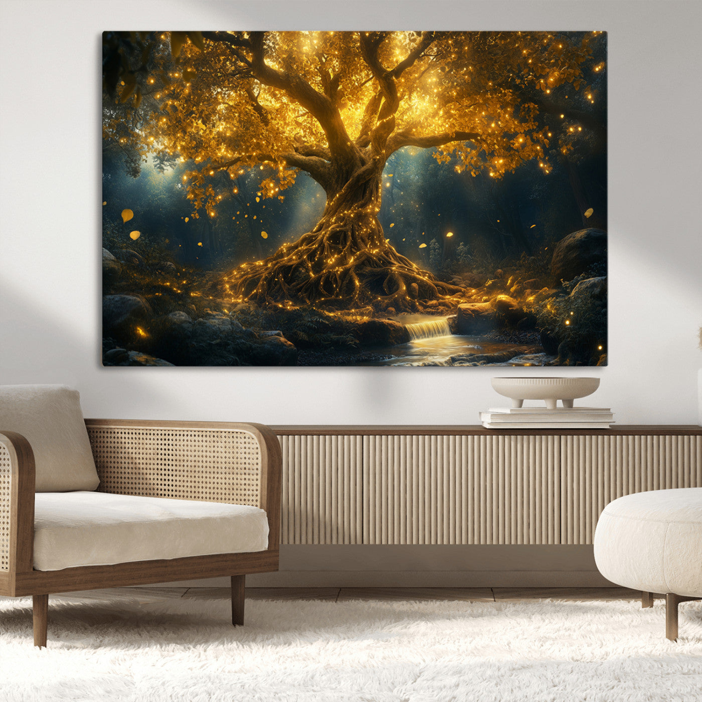 MGV-CV-36X24 - Golden Tree of Life Canvas Wall Art Print - Majestic Glowing Tree Wall Art Print