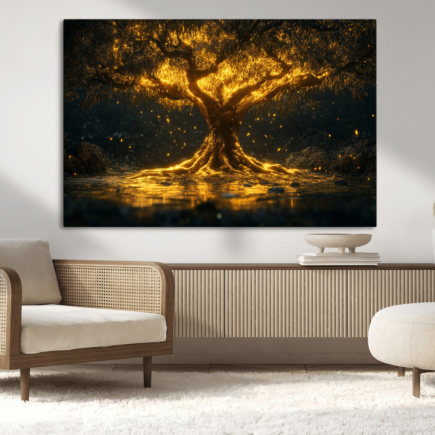 MGV-CV-36X24 - Golden Tree of Life Canvas Wall Art Print - Majestic Glowing Tree Wall Art Print