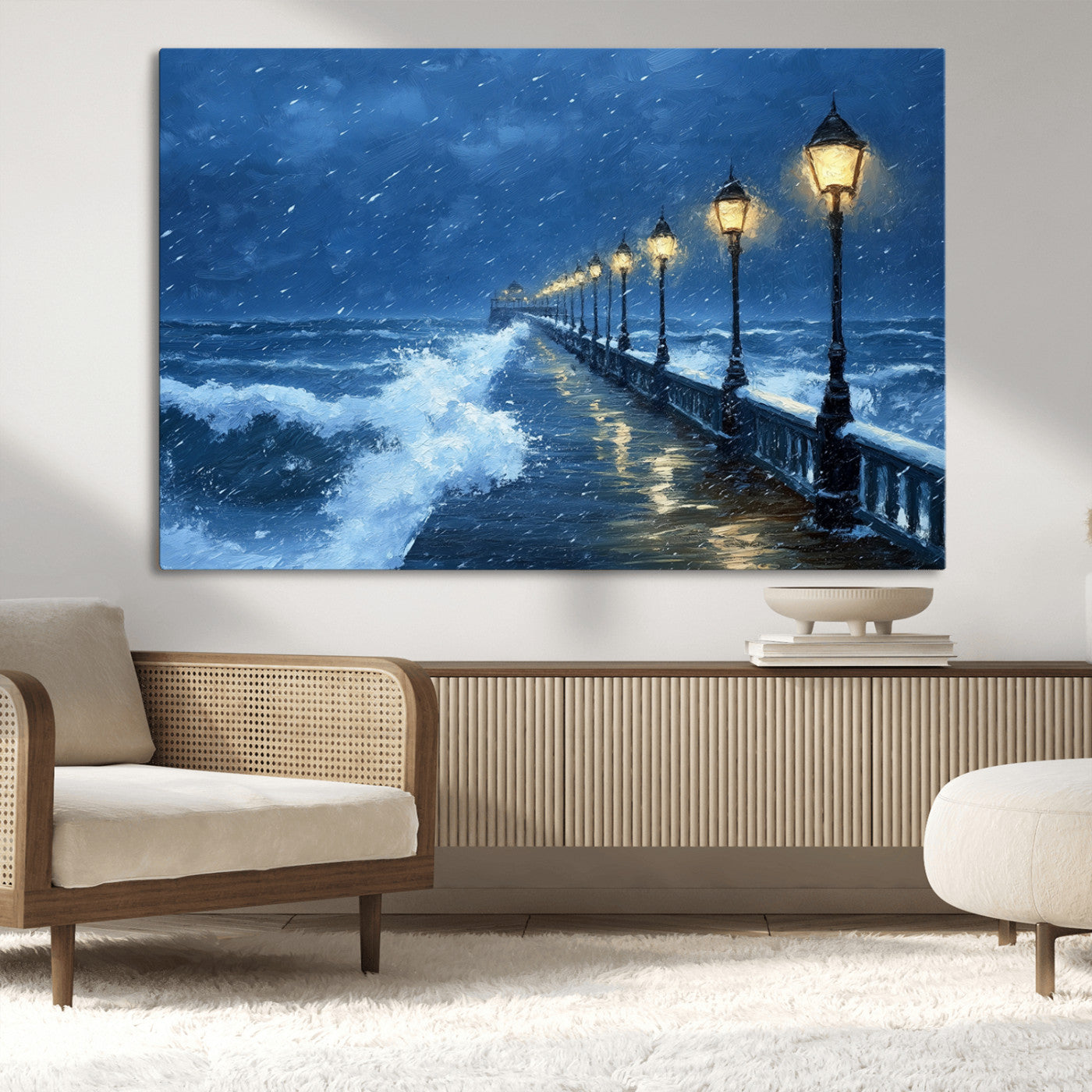 MGV-CV-36X24 - Stormy Ocean Pier Lights Canvas Wall Art Print - Large Moody Night Scene for Living Room, or Office,