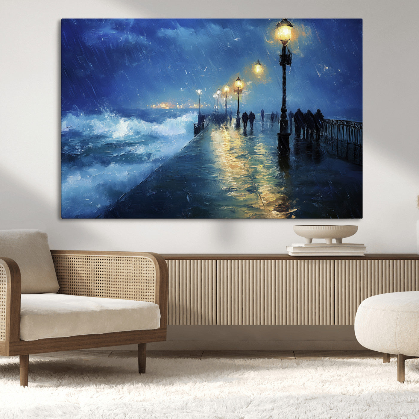 MGV-CV-36X24 - Abstract Stormy Ocean Pier Canvas Wall Art Print | Stormy Ocean Art | Large Moody Night Scene Print,