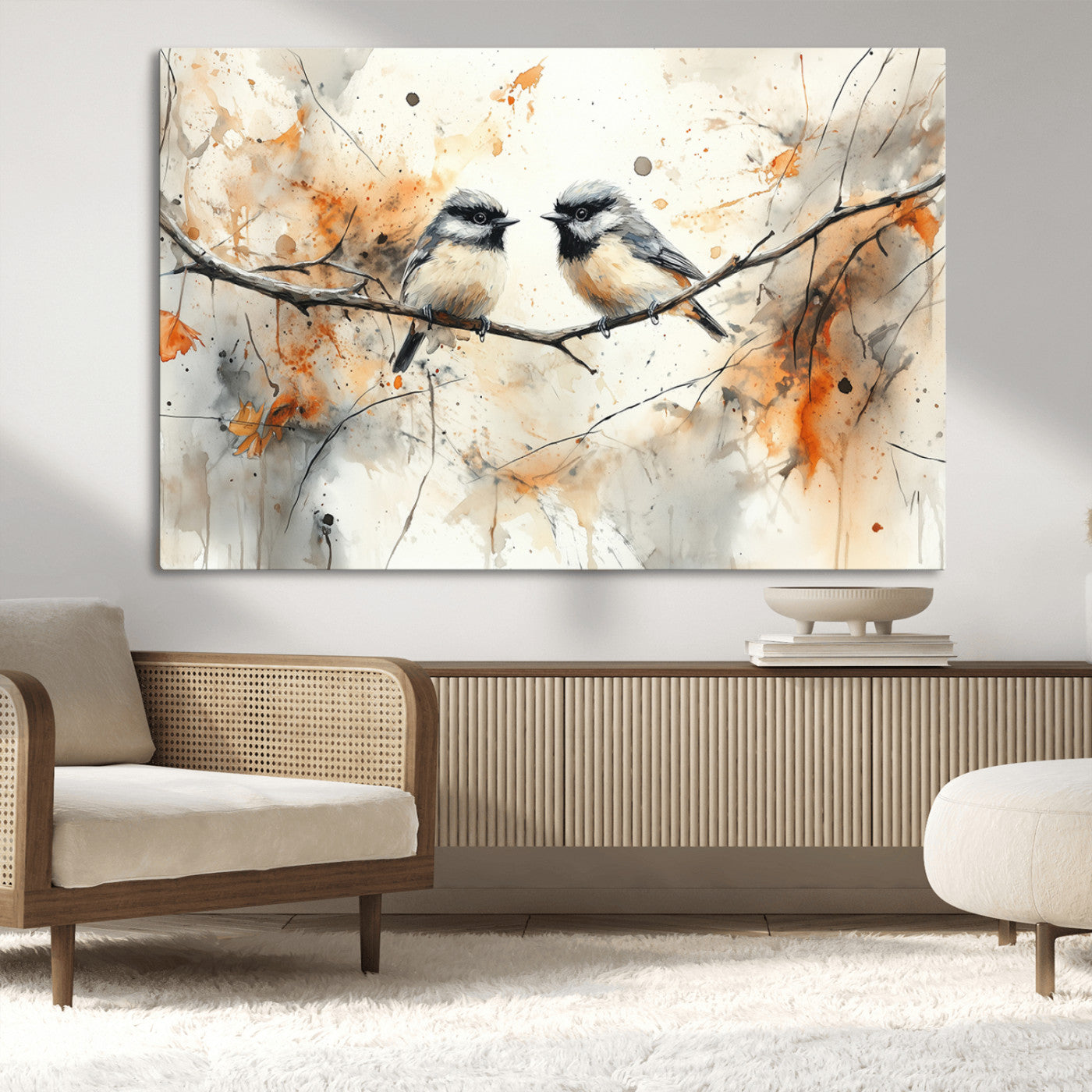 MGV-CV-36X24 - Abstract Watercolor Chickadee Bird Canvas Wall Art Print - Large Bird and Branch Wall Art, Modern