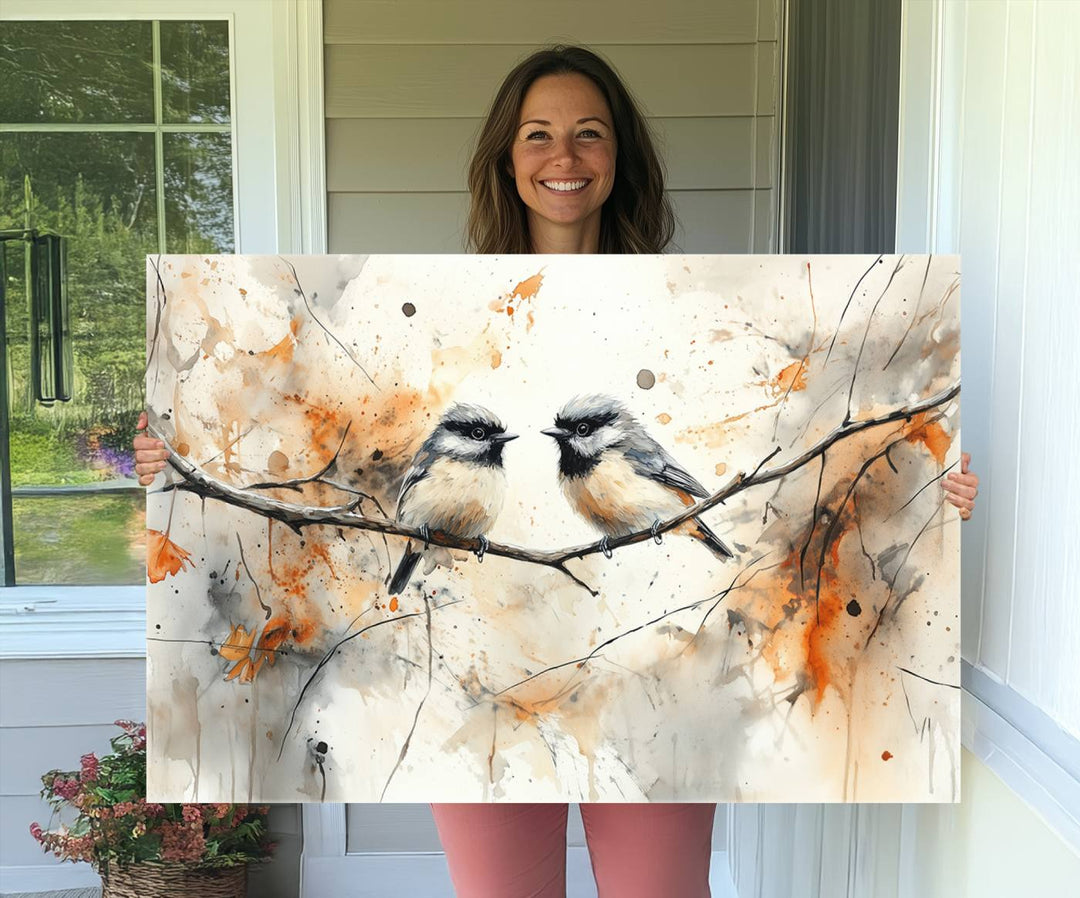 Abstract Watercolor Chickadee Bird Canvas Wall Art Print - Large Bird and Branch Wall Art, Modern Wildlife Wall Decor