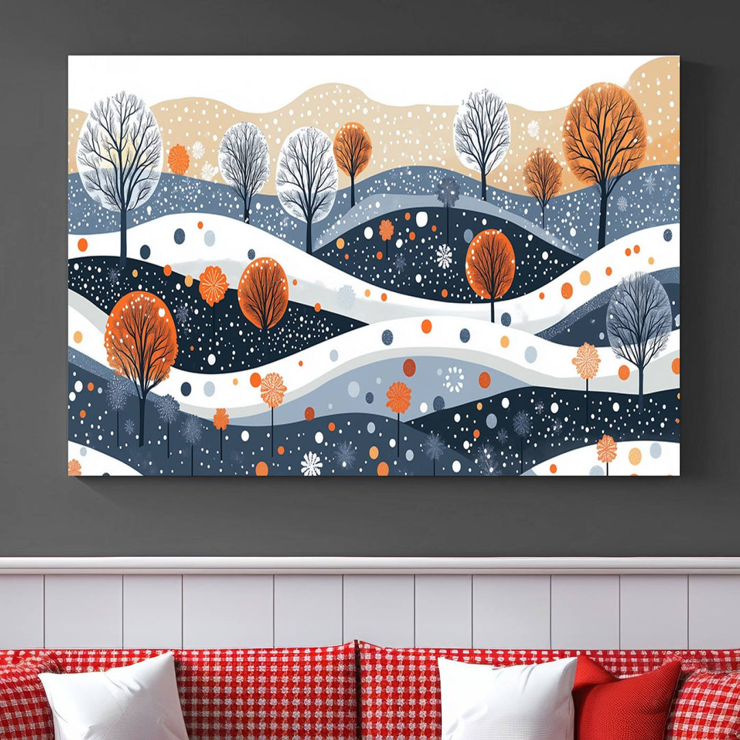 The "Abstract Winter Landscape Canvas Wall Art Print," featuring a triptych of landscapes with trees and hills in vibrant orange, white, and blue hues, adds a gallery-quality finish that transforms the space into an art lover's dream.