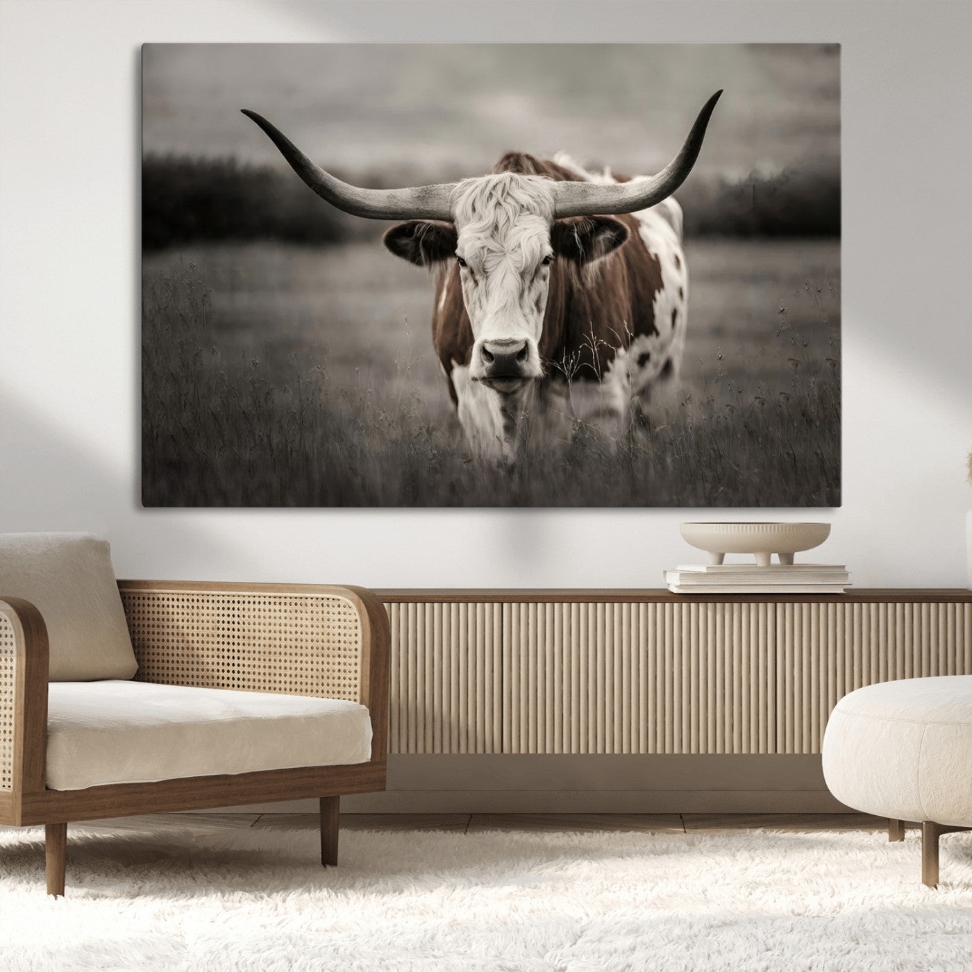 MGV-CV-36X24 - Texas Longhorn Cow Canvas Wall Art Print - Large Rustic Longhorn Art for Living Room, Western Wall