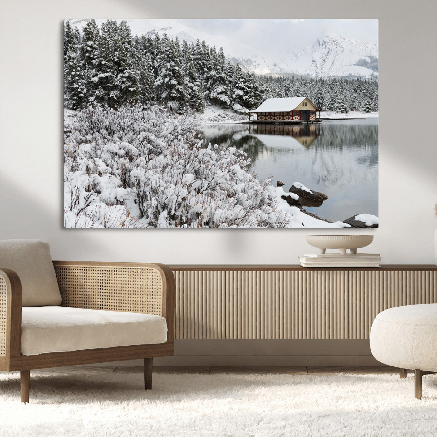 MGV-CV-36X24 - Winter Wall Art - Cabin by the Lake Canvas Wall Art - Serene Snowy Landscape with Mountain View,