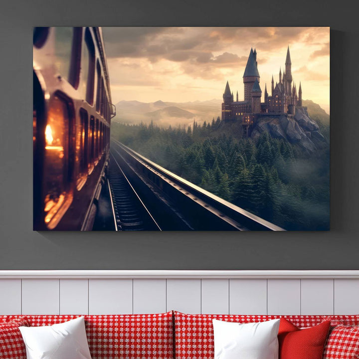 The "Harry Castle Wall Art Canvas Print," depicting a train and castle at sunrise, is elegantly featured with its gallery-quality finish in the modern living room.