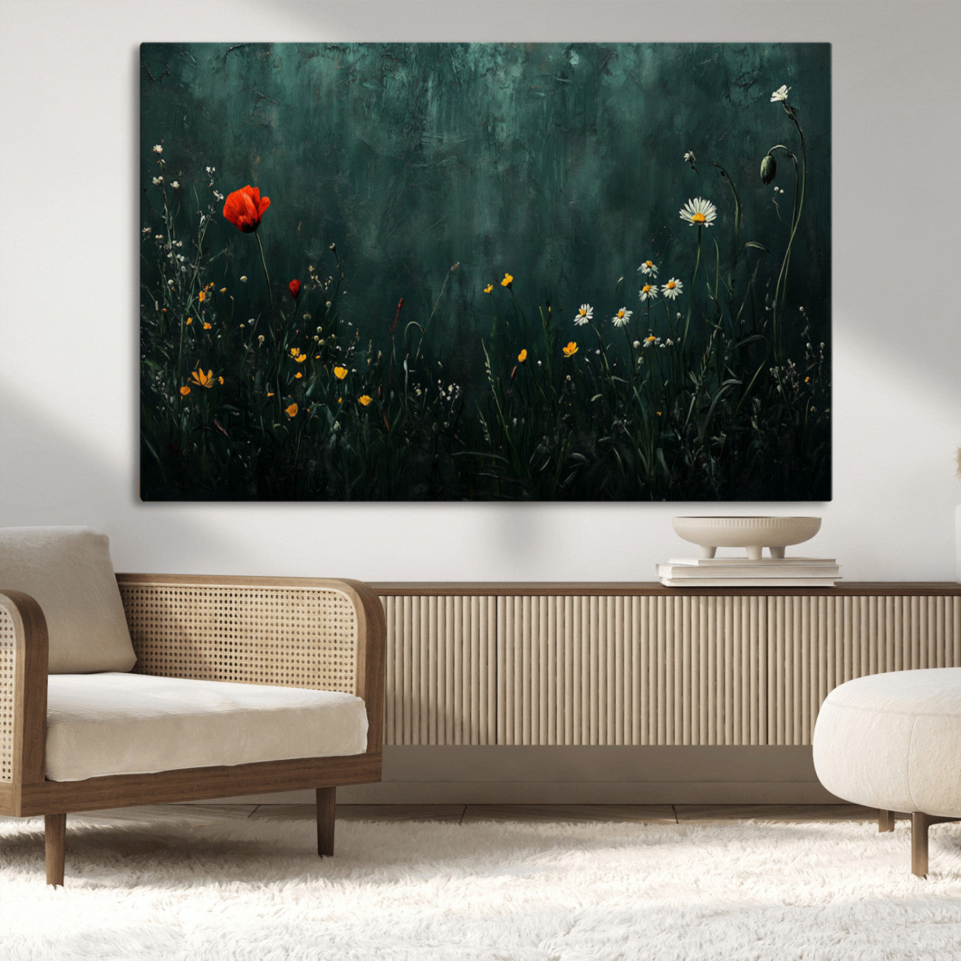 MGV-CV-36X24 - Wildflower Field Framed Wall Art, Vintage Botanical Landscape Sign, Botanical Wall Art, Modern