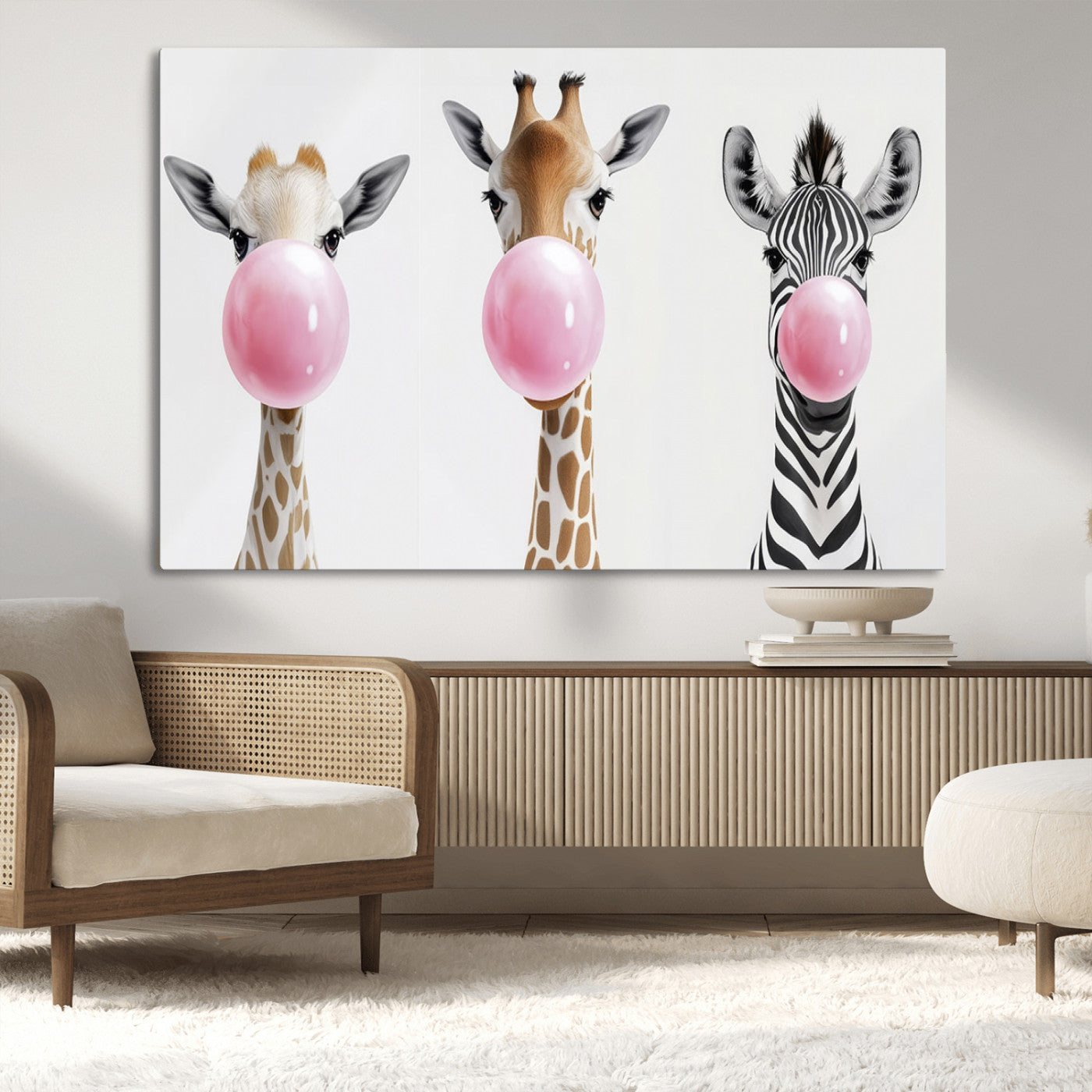 MGV-CV-36X24 - Bubblegum Animals Canvas Wall Art - Playful Giraffe and Zebra Trio, Fun Nursery Decor for Kids'