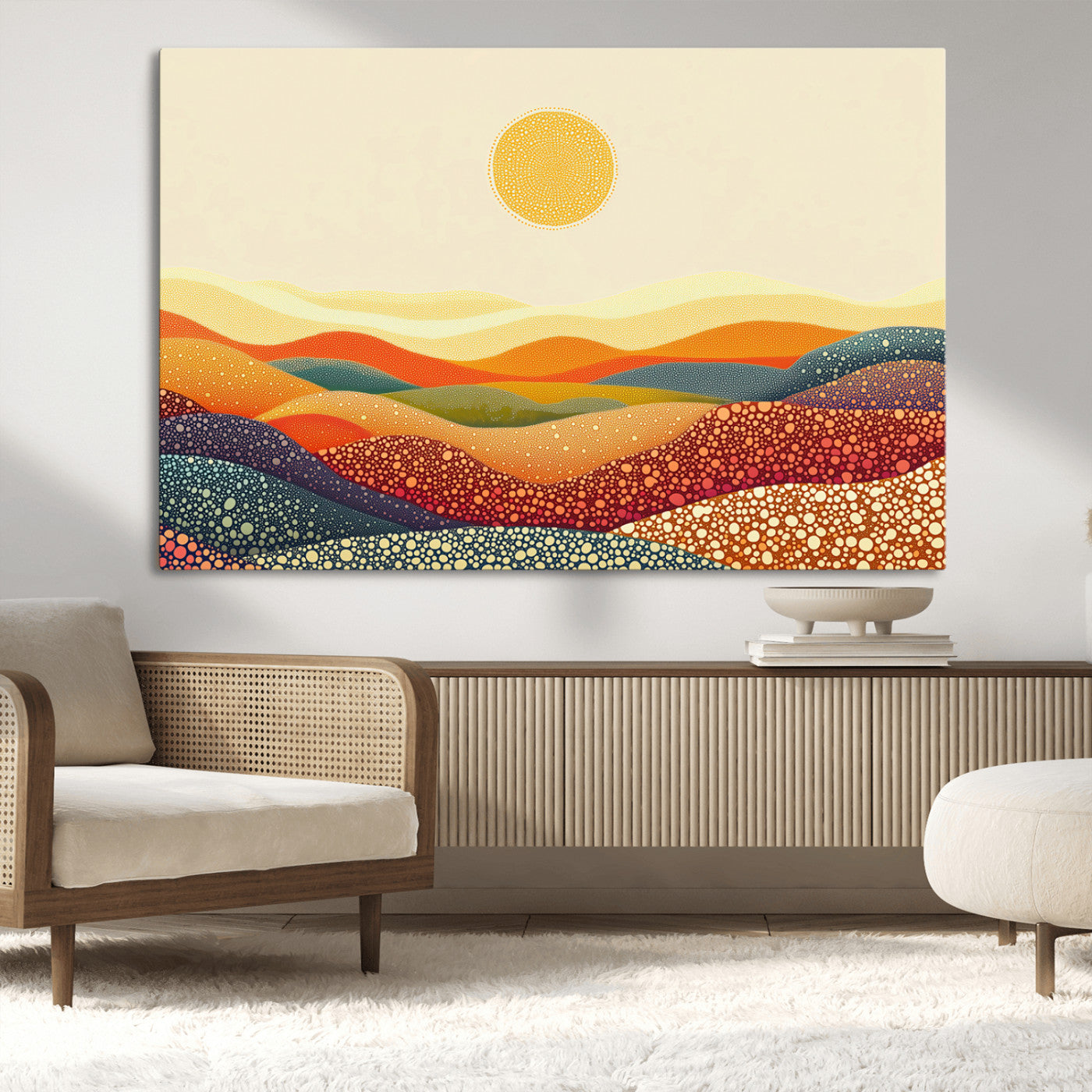MGV-CV-36X24 - YAYOI KUSAMA Colorful Dot Art Landscape Canvas - Framed Abstract Pointillism Inspired by Nature with