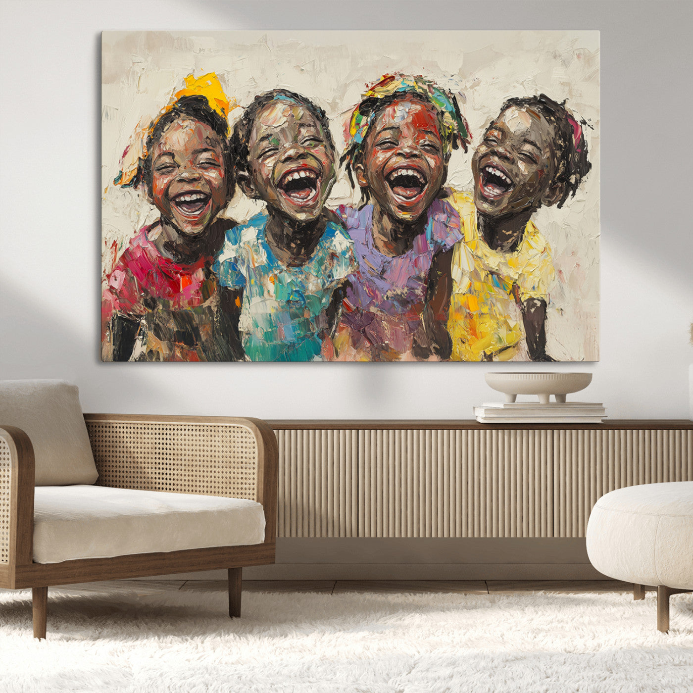 MGV-CV-36X24 - Shai Yossef style Joyful Childhood Canvas Wall Art - Expressive Impasto Painting of Black Children