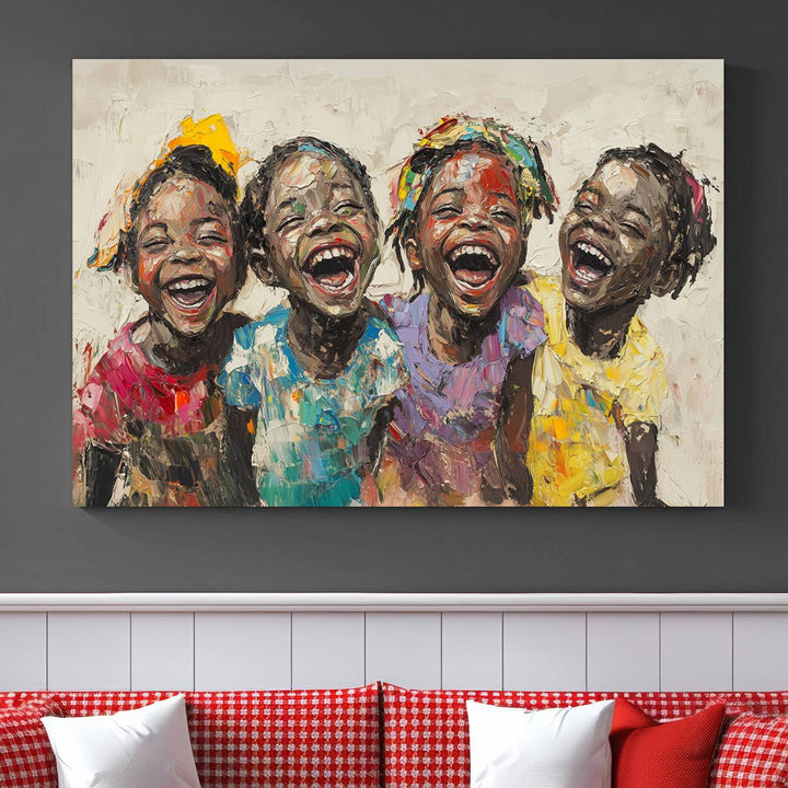 The Shai Yossef style "Joyful Childhood Canvas Wall Art" beautifully depicts an expressive impasto painting of three cheerful black children laughing, capturing the joyous essence of childhood.