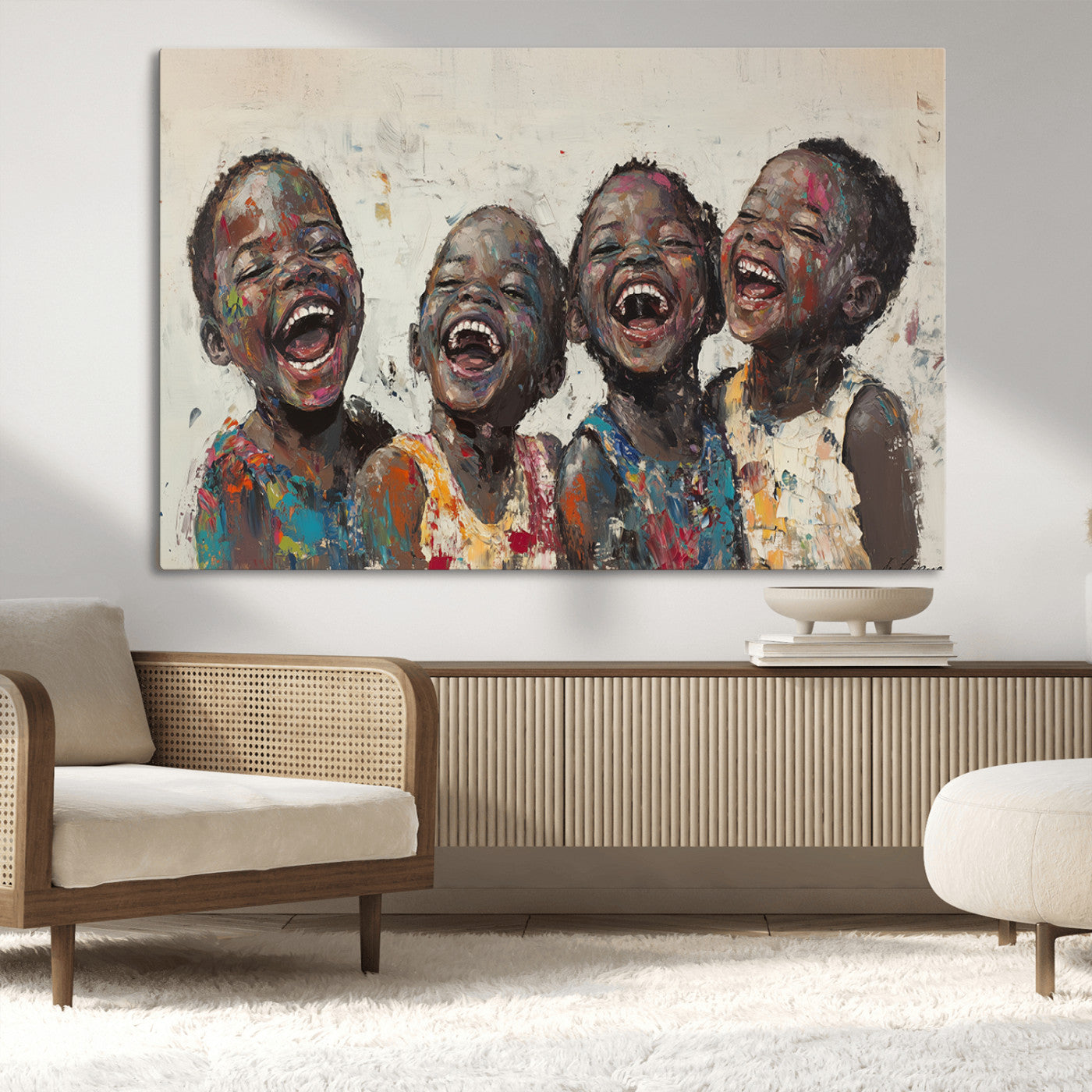 85256-MGV-CV-36X24-Shai Yossef Print - Joyful Childhood Canvas Wall Art - Expressive Impasto Painting of Laughing