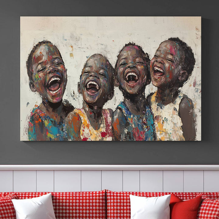 This Shai Yossef Print - Joyful Childhood Canvas Wall Art is an expressive impasto painting of laughing children. As framed abstract art for your living room, it adds a touch reminiscent of Shai Yossef's unique style to any living space.