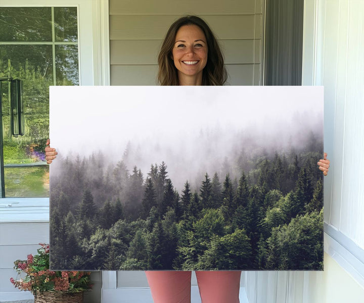 A serene triptych nature print featuring a misty forest, perfect as wall art.