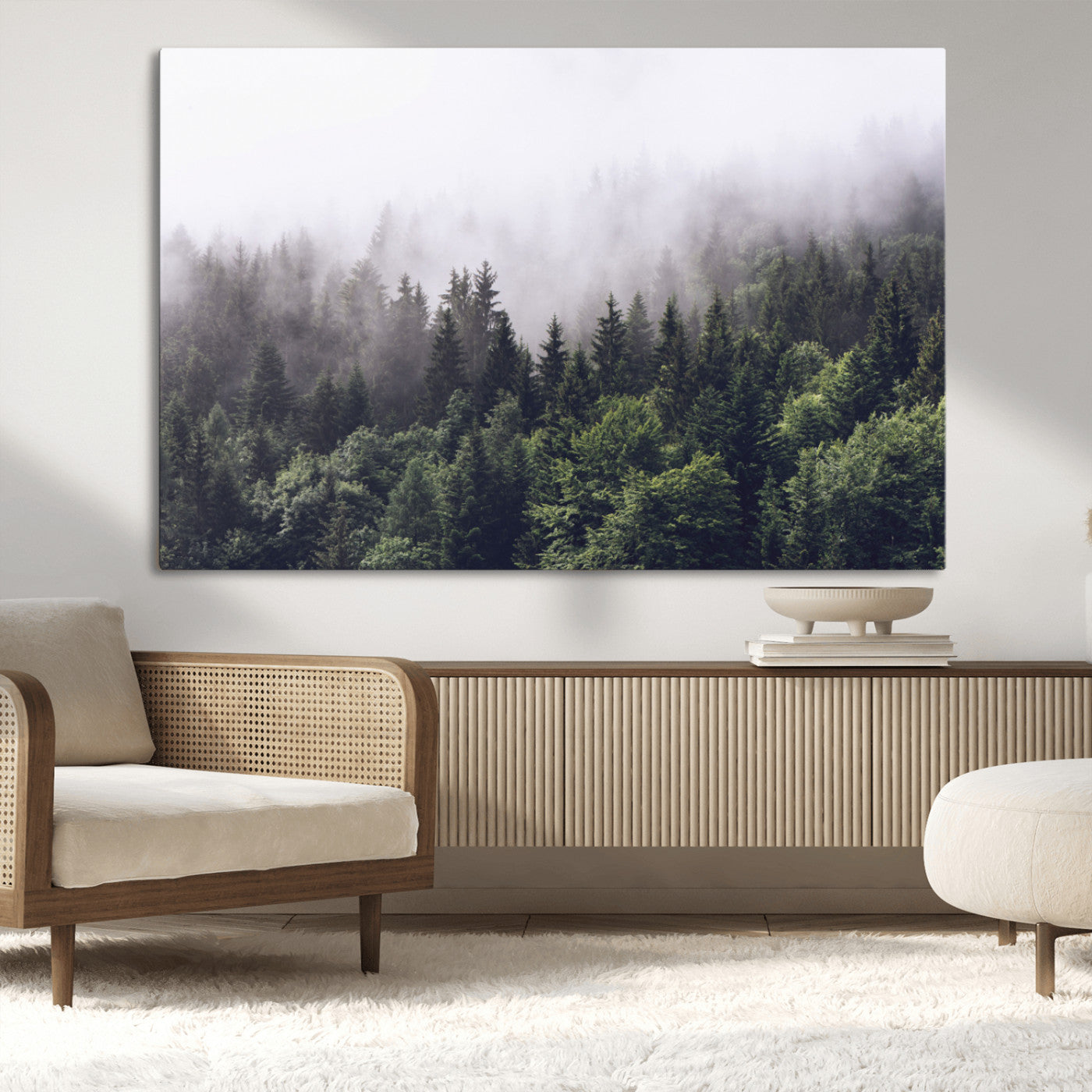 MGV-CV-36X24 - Misty Forest Wall Art | Foggy Forest Canvas Print | Large Nature-Inspired Misty Tree Landscape for