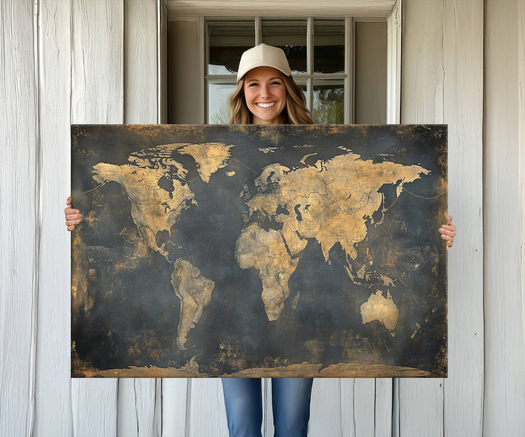 The Grunge World Map Canvas Wall Art—Vintage Aged World Map with Golden Tones—is a stunning piece of framed artwork.