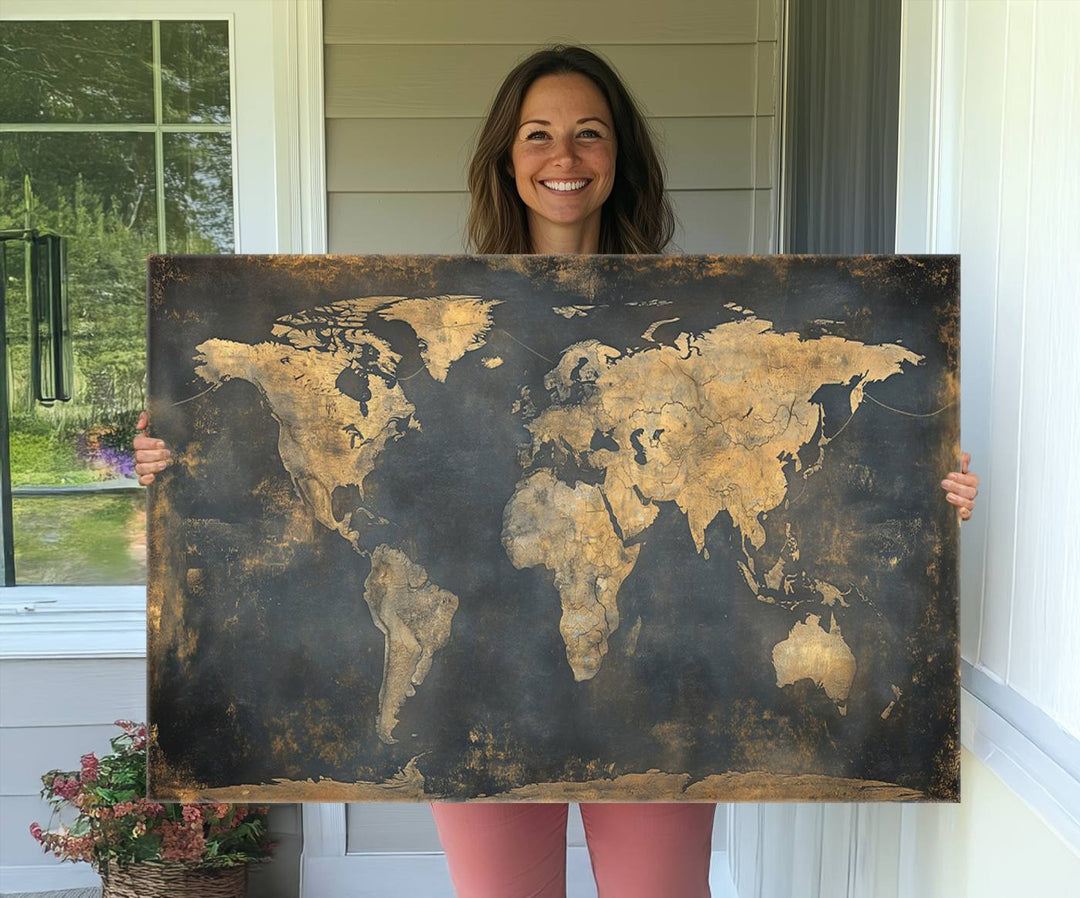 Grunge World Map Canvas Wall Art - Vintage Aged World Map with Golden Tones, Framed Artwork for Living Room, Office, or Study Decor