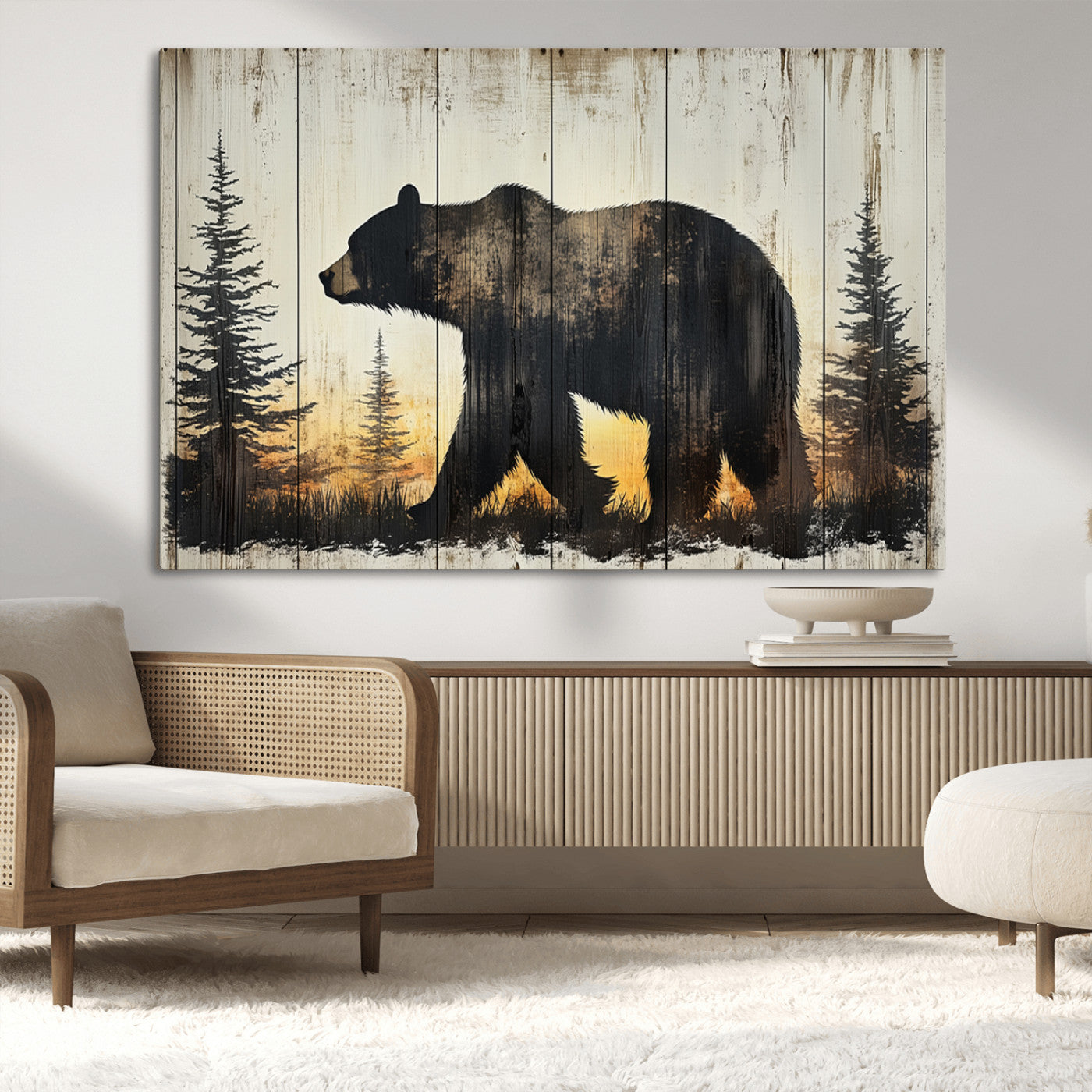 83875-MGV-CV-36X24-Vintage Bear Wall Art Canvas Print for Farmhouse - Mountain Wood Canvas Wall Art - Forest Silhouette