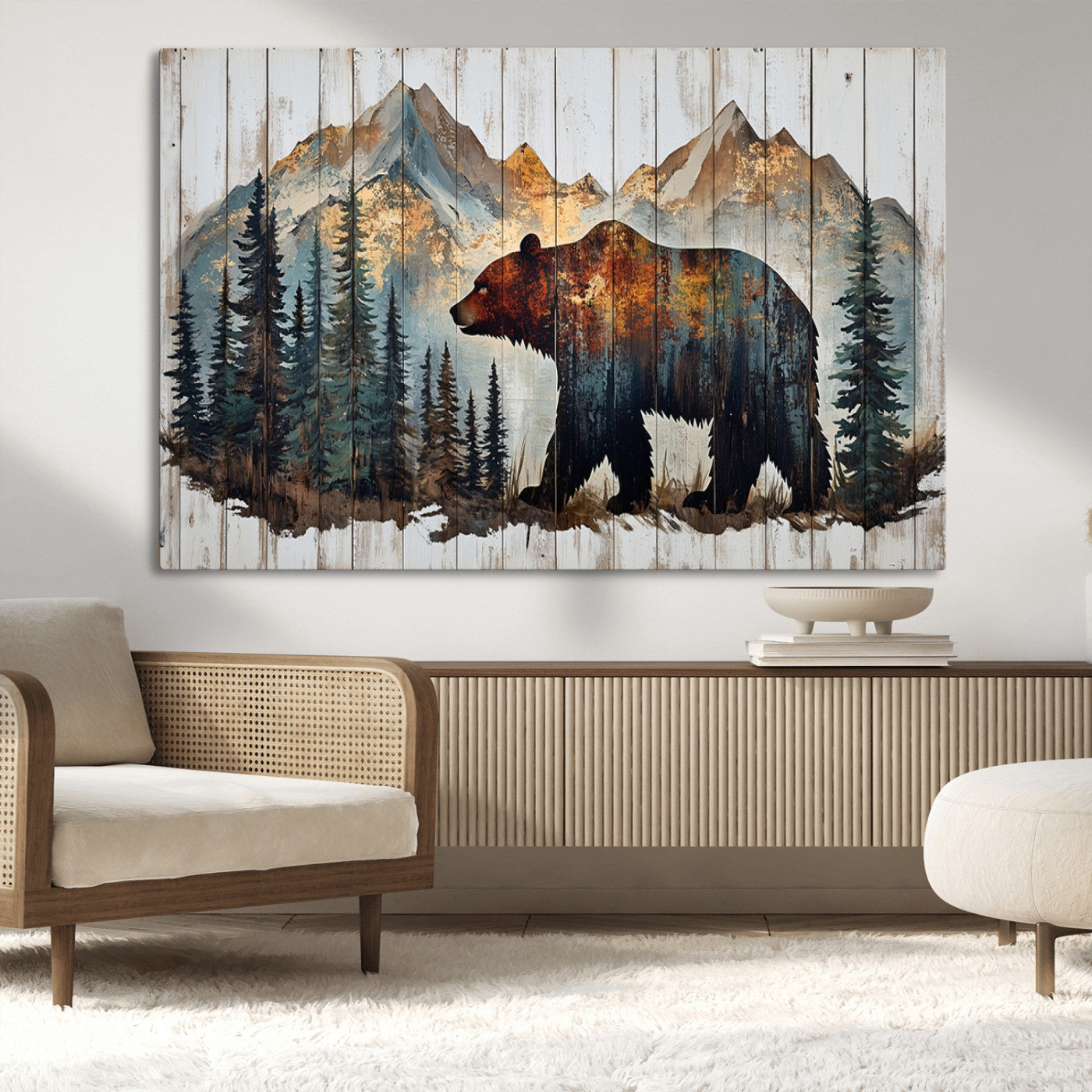 55777-MGV-CV-36X24-Rustic Grizzly 399 Bear and Mountain Wood Canvas Wall Art - Framed Nature Artwork with Forest