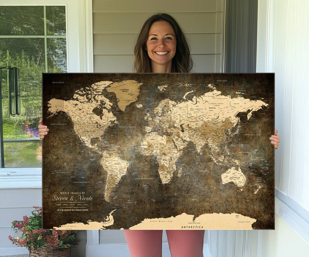 A Personalized World Map Wall Art displayed on a porch.