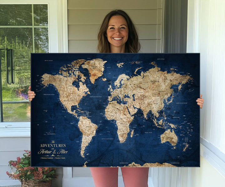 A Personalized Custom World Map Canvas Print on blue hangs prominently.