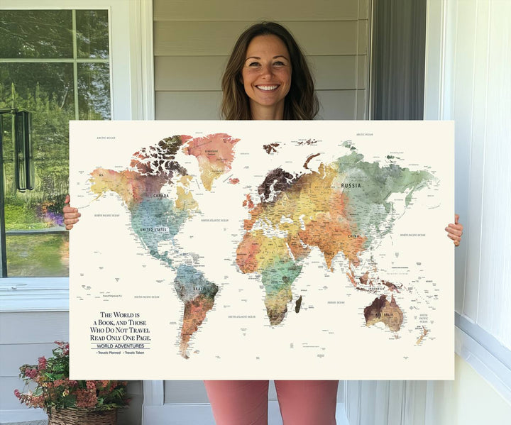 A colorful Personalized World Map Canvas Print, ideal as wall art for living room or office.