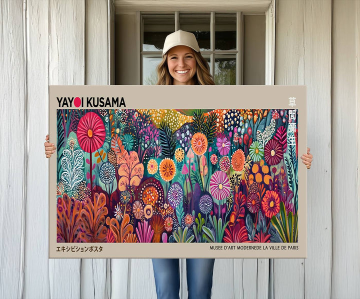 A framed "Yayoi Kusama Wall Art Canvas Print" showcases an abstract floral design, reflecting Japanese aesthetics.