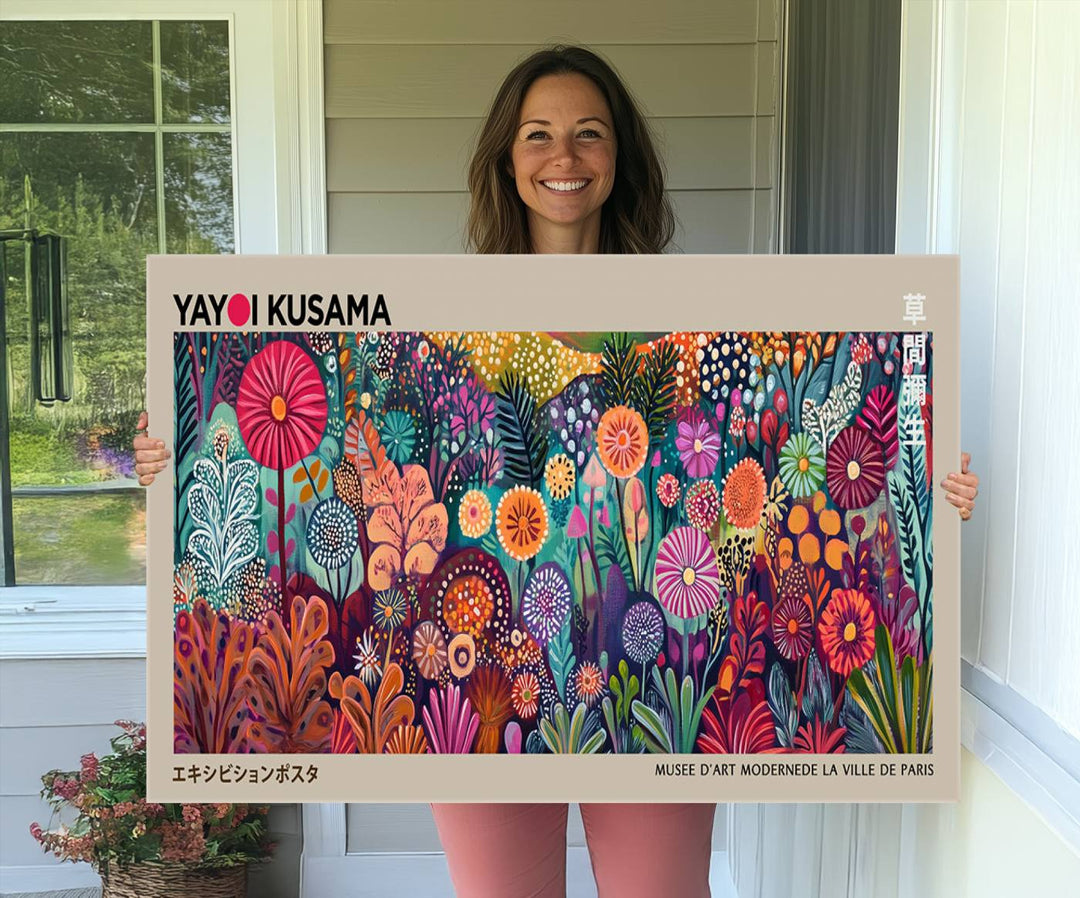 A vibrant Yayoi Kusama Wall Art Canvas Print is held on a porch.