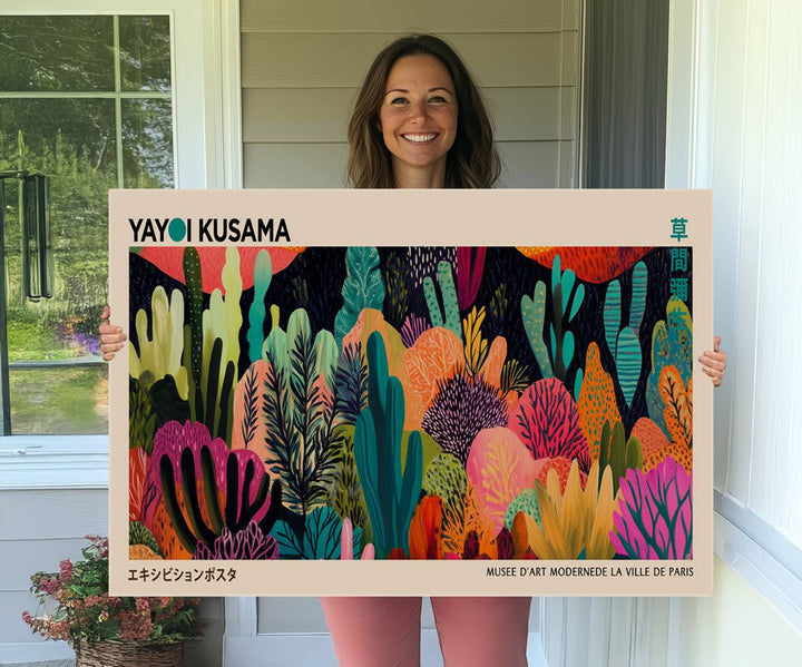 A vibrant Yayoi Kusama Wall Art Canvas Print showcases intricate abstract flora on a light background.