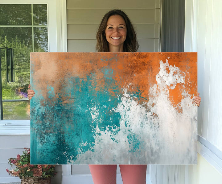Vintage Abstract Print - Bold Teal and Orange Canvas Wall Art - Retro-Vintage Abstract Orange Canvas for Modern Decor
