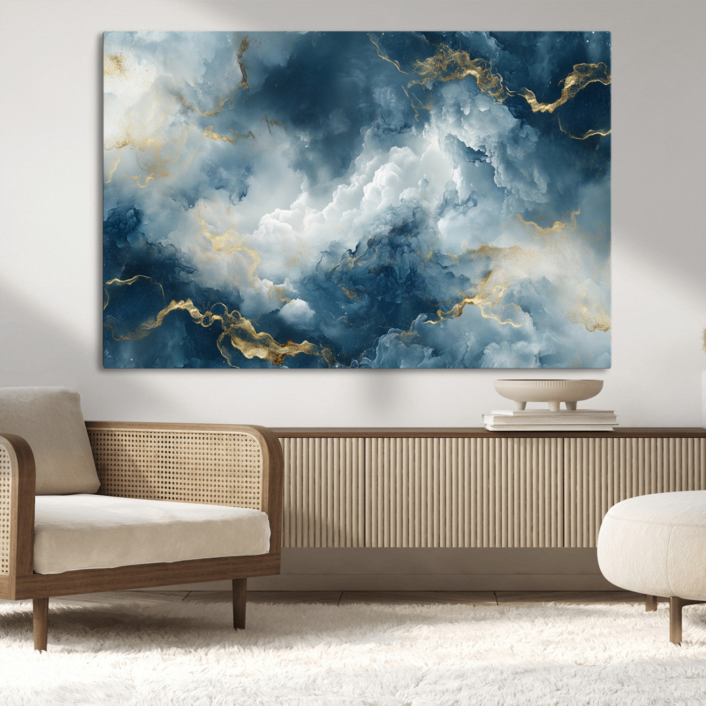 MGV-CV-36X24 - Large Abstract Print - Luxe Blue and Gold Abstract Canvas Wall Art - Bold Cloudscape Canvas for