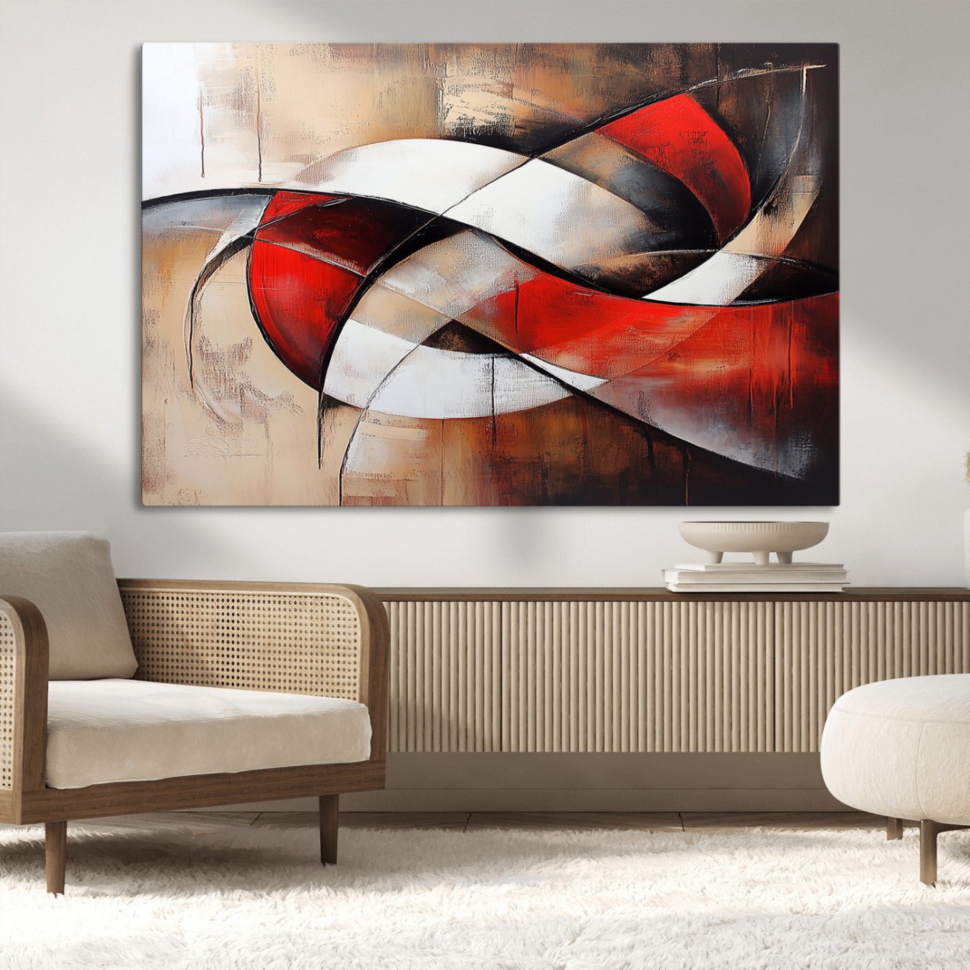 MGV-CV-36X24 - Abstract Wall Art - Modern Red and White Canvas Wall Art Print - Bold Geometric Abstract Canvas for