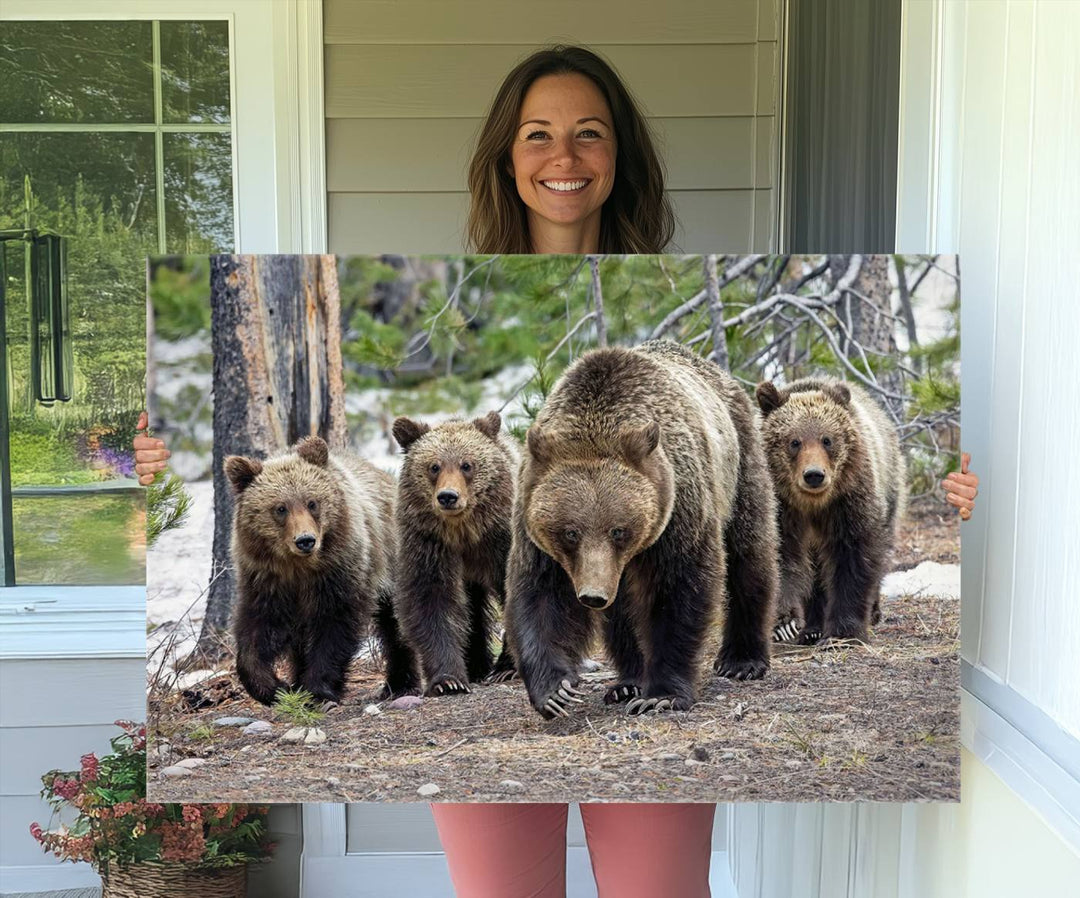 The wall art, a breathtaking canvas print titled "Queen of the Tetons," features 399 Grizzly Bear Cubs majestically captured in a forest setting. It is printed on premium canvas and handmade in the USA.