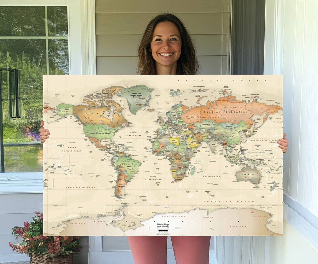 The Large Push Pin World Map Wall Art Canvas Print, with a gallery-quality finish, is carefully crafted on premium canvas and handmade in the USA. This piece adds a touch of elegance to any space.