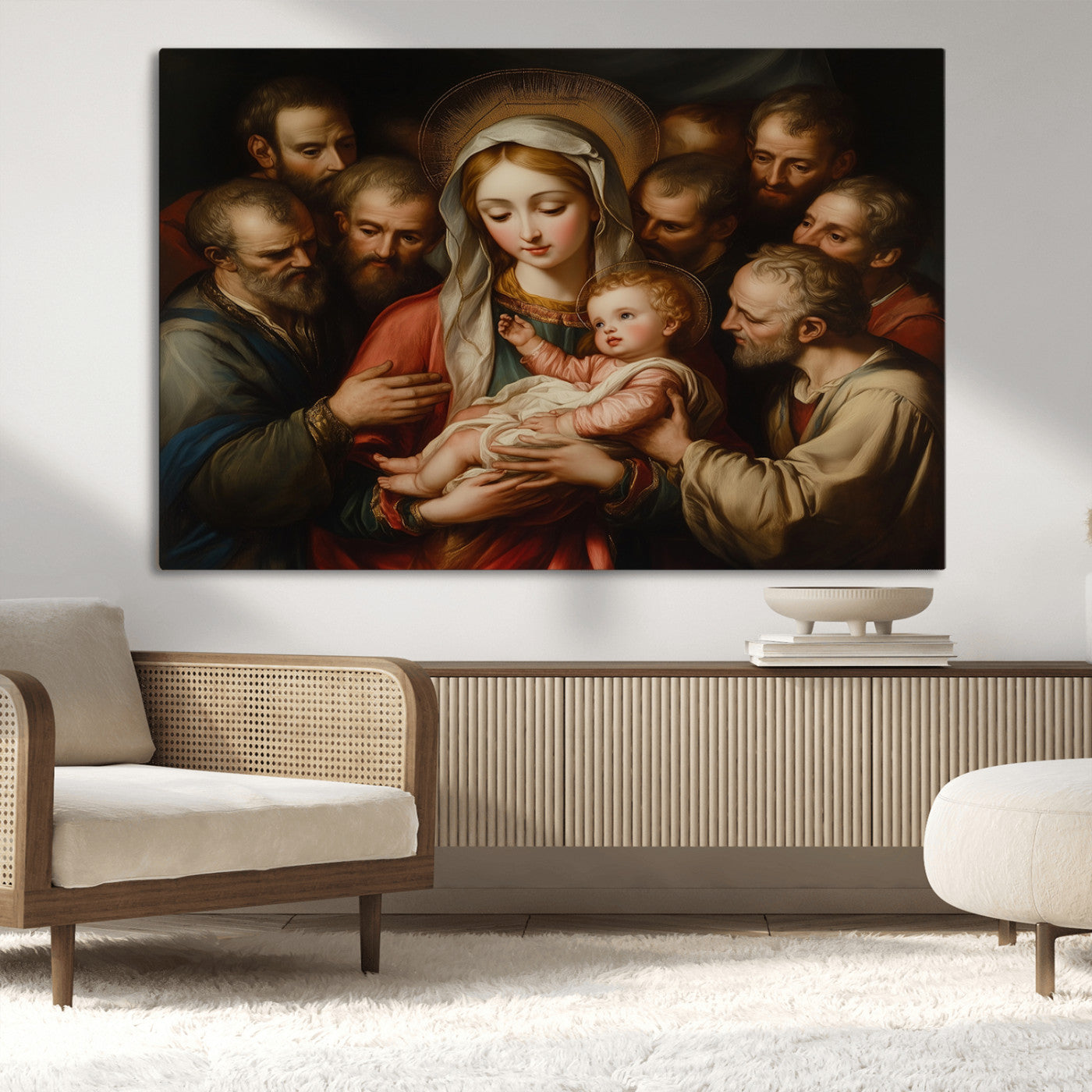 MGV-CV-36X24 - Religious Canvas Wall Art Print - Madonna and Child with Apostles Art Print - Classic Christian
