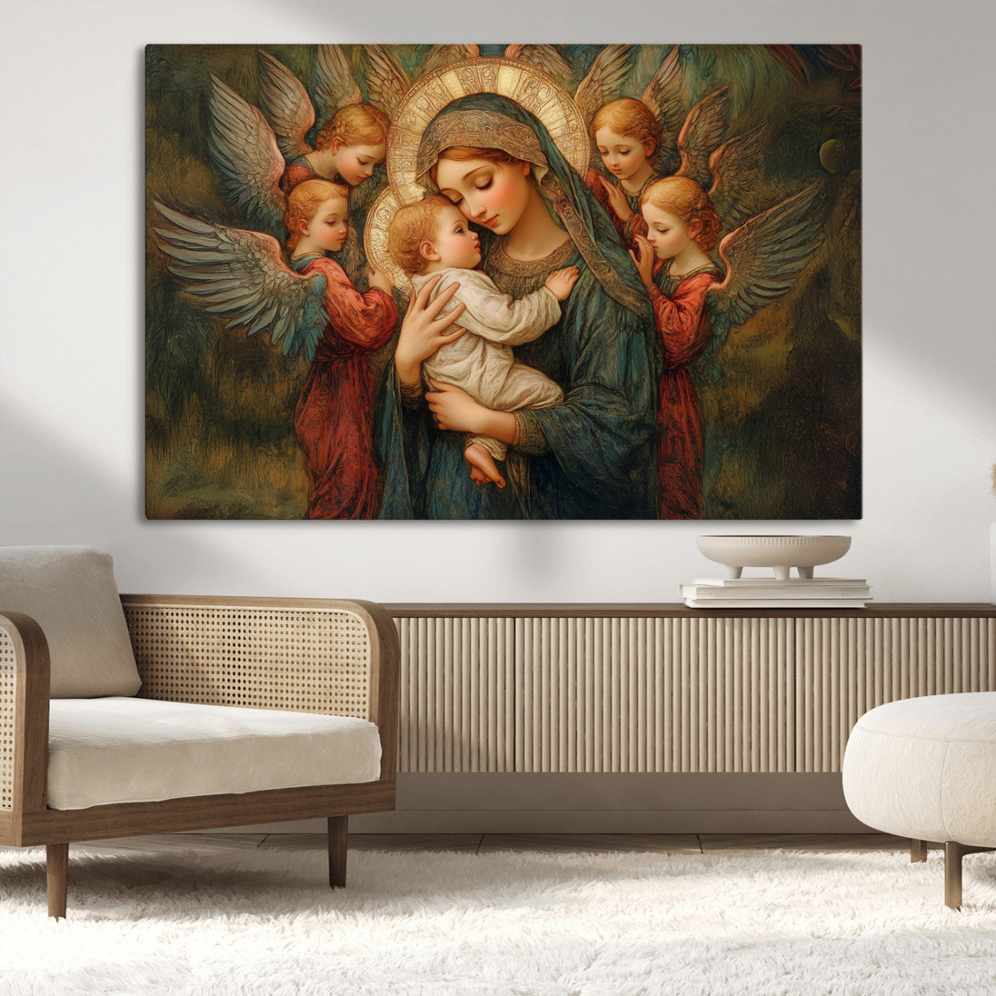 MGV-CV-36X24 - Mary Jesus Canvas Wall Art Print - Madonna and Child with Angels Art Print - Classic Christian