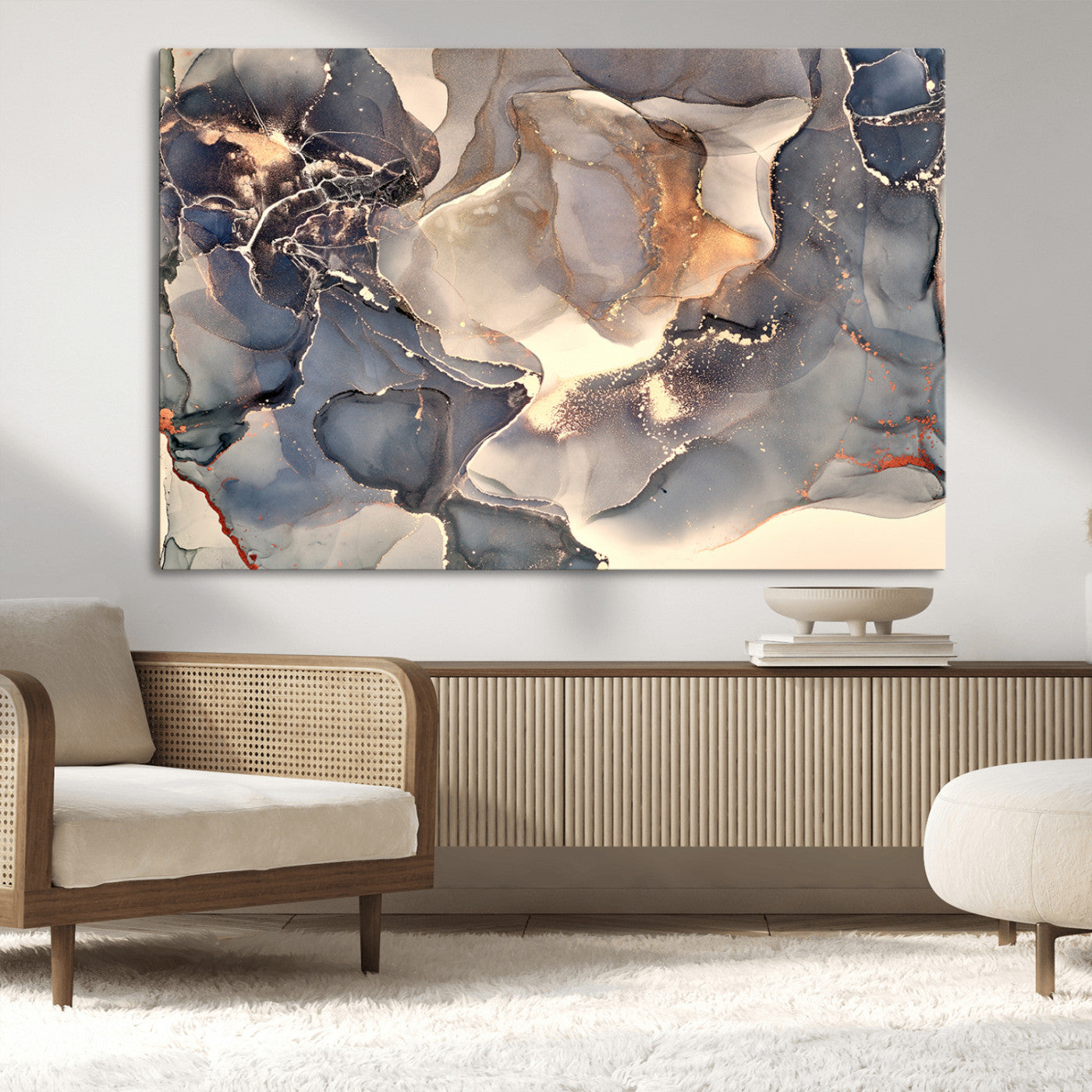 MGV-CV-36X24 - Abstract Blue and Gold Wall Art - Fluid Ink Artwork - Modern Luxury Wall Decor for Contemporary