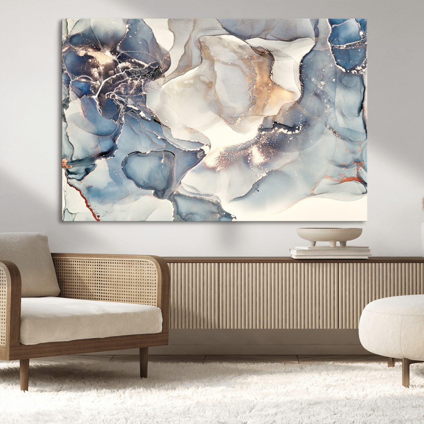 MGV-CV-36X24 - Abstract Blue and Gold Canvas Wall Art - Fluid Modern Ink Artwork - Modern Luxury Wall Decor for