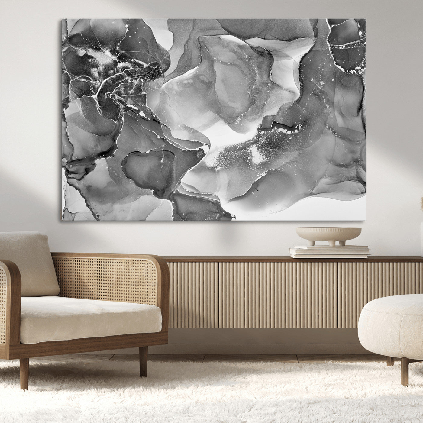MGV-CV-36X24 - Black White Abstract Canvas Wall Art - Fluid Ink Artwork - Modern Luxury Wall Decor for Contemporary