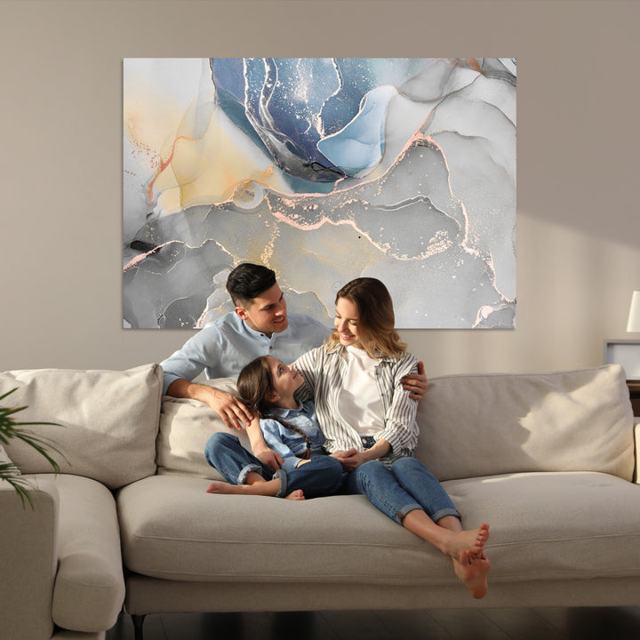 Large Abstract Blue and Gold Canvas Wall Art | Fluid Ink Artwork Print | Luxury Wall Decor for Contemporary Interiors | Framed Blue and Gold