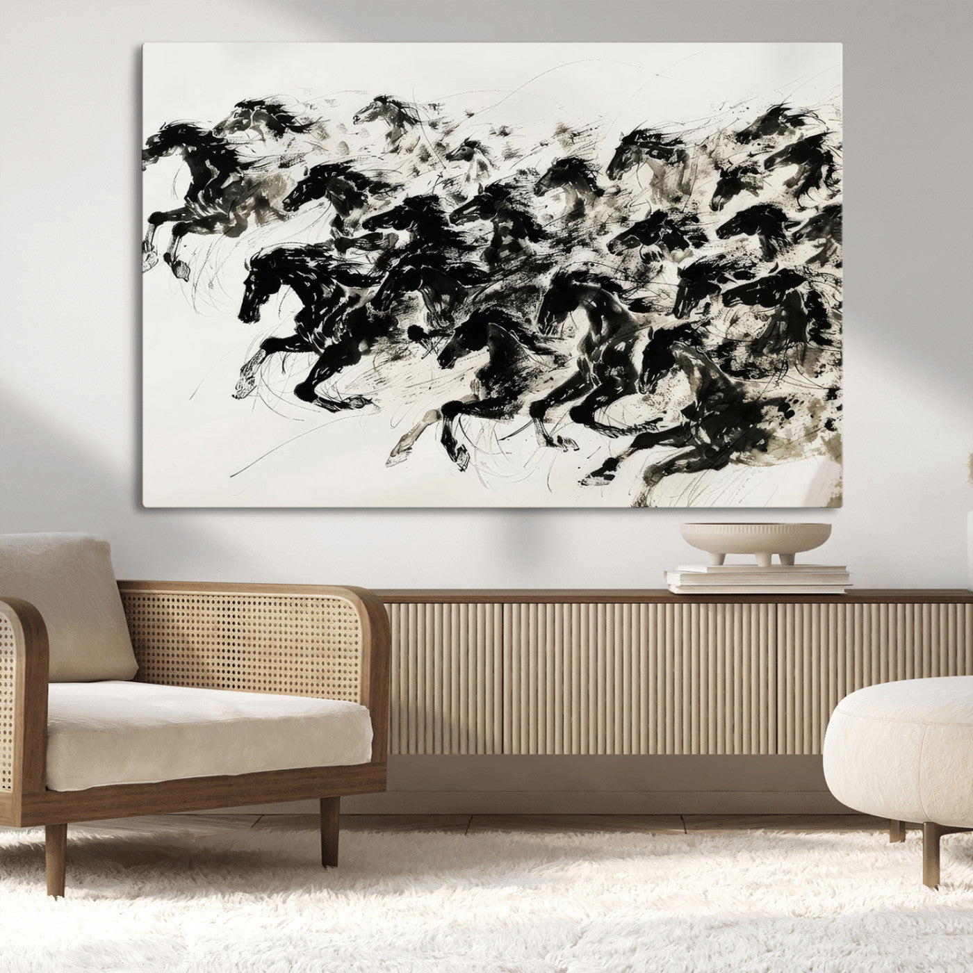 MGV-CV-36X24 - Abstract Horse Wall Art Canvas Print - Dynamic Black Ink Horse Print - Modern Equine Wall Decor for
