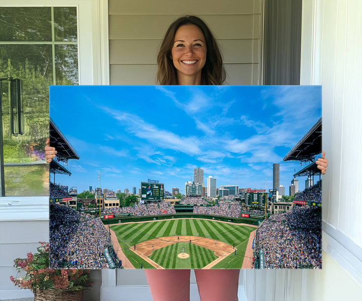 Panoramic view of Wrigley Field, ideal for the Wrigley Field Chicago Cubs Panoramic Canvas Wall Art - Ready to Hang.