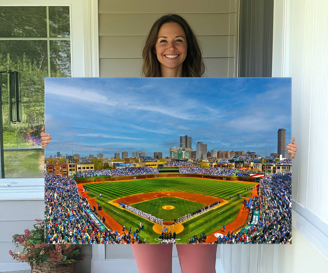 The Wrigley Field Cubs Panoramic Canvas Art hangs prominently in the modern living room.