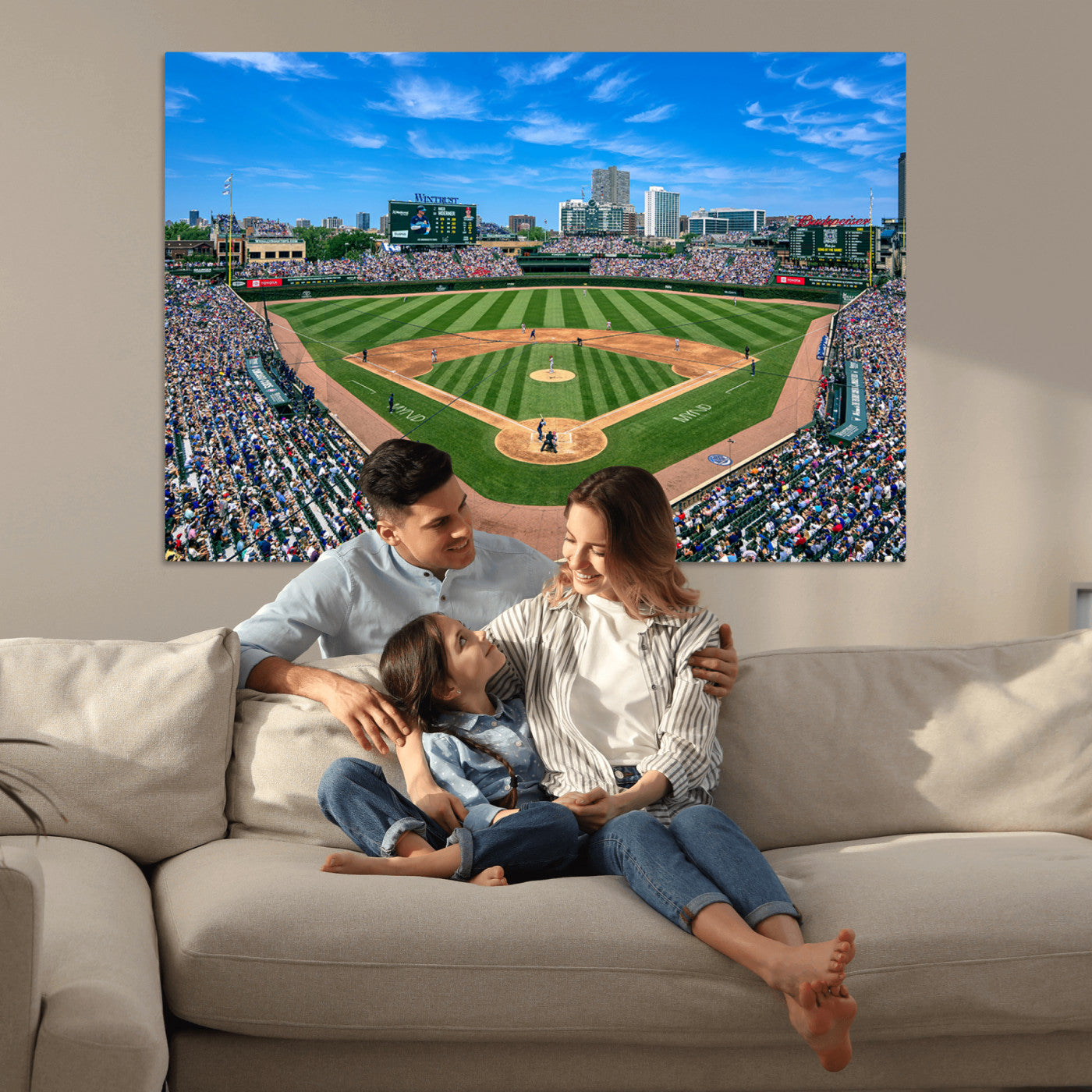 26064-MGV-CV-30X20-Framed Wrigley Field Chicago Cubs Print, Panoramic Multi Piece Canvas Wall Art - Iconic Baseball Stadium Print for Sports Lovers - Ready to