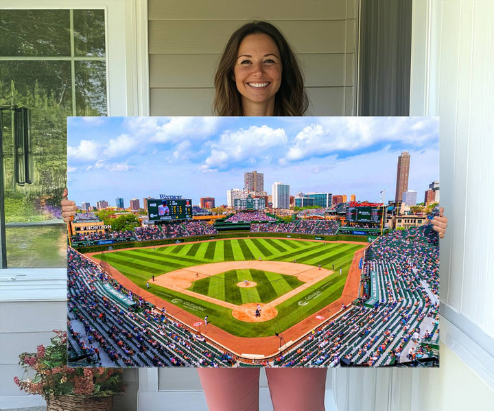 A 3-piece panoramic canvas wall art showcases an aerial view of a packed Chicago Cubs game at Wrigley Field, perfect for sports lovers.